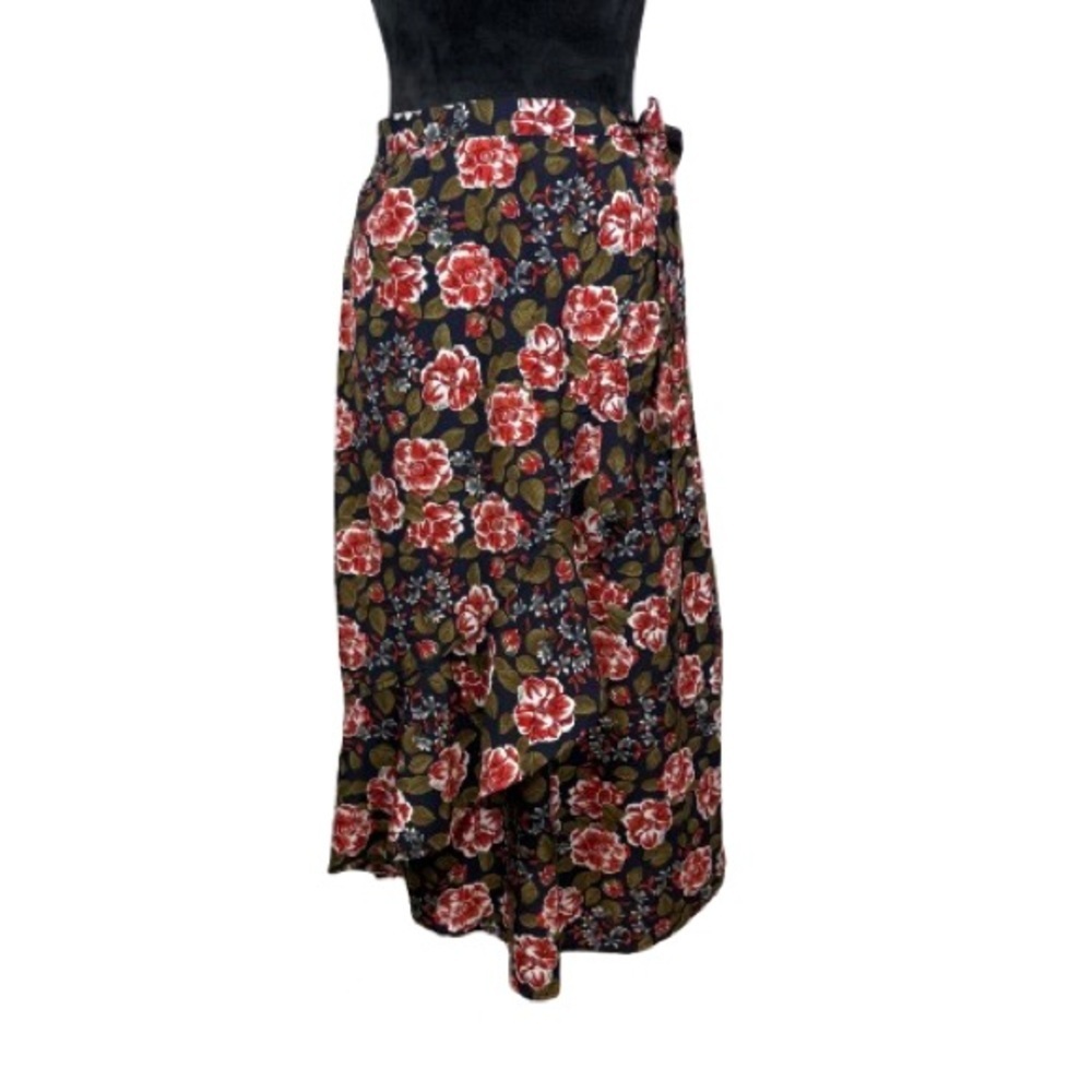 Kori America Small Pull-On Ruffle Faux Wrap Midi Skirt Navy Red Roses Tie Waist